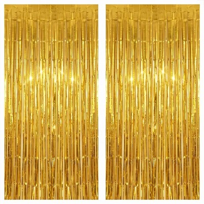 Gold Tinsel Backdrop Foil Curtain Birthday Streamers Photo Booth Props 2 Packs