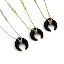 925 Silver Horn Pendant Black Onyx  & CZ Charm Crescent Moon Necklace