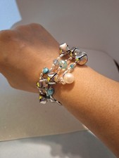 Jingle Bell Silver Blue Womens Holiday Memory Wire Unisex Bracelet NEW