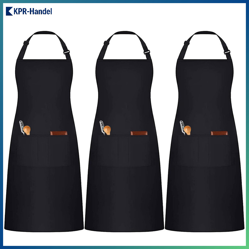 Schwarze Kochschürze 3 Stück verstellbar mit 3 Taschen für Gastronomie