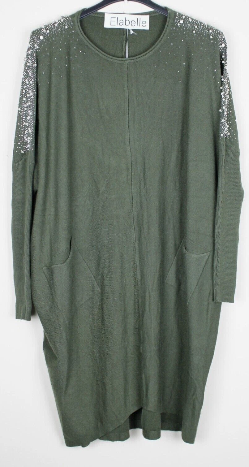 OFF WHITE Abito da donna Lagenlook maniche da pipistrello scintillante perla diamante design a costine lavorato a maglia