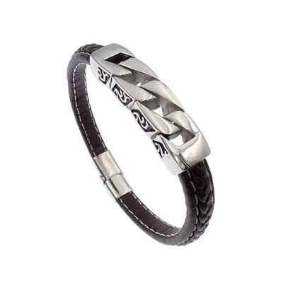 Brown Leather Bracelet Men ID Cuban Link Chain Stainless Steel