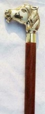 Antique brass horse head handle brown wooden cane walking stick designer vintage