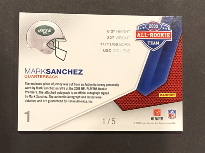 2010 PANINI THREADS MARK SANCHEZ 1/5 AUTO JERSEY NEW YORK JETS - Image 2 of 2
