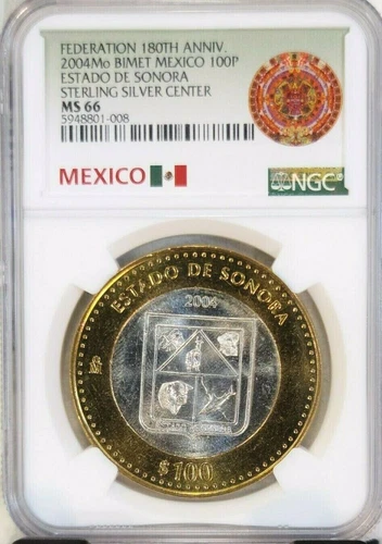 2004 MEXICO SILVER 100 PESOS ESTADO DE SONORA NGC MS 66 RARE TOP POP 1