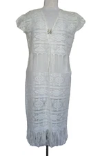 Vintage Crochet Jacket Cover Up Medium Women Off White Fringe Hem