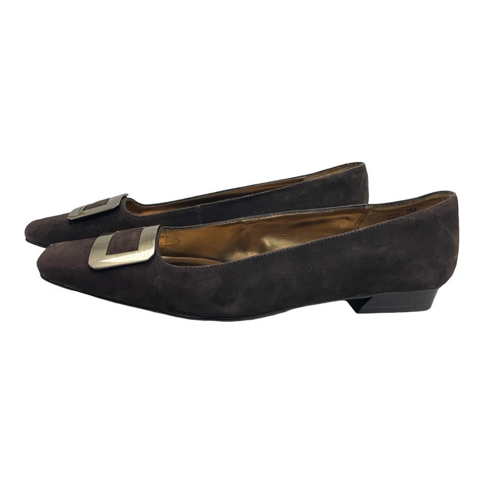 Zapatos planos marrones vintage años 90 sin cordones gamuza bronce hebilla elegante mocasín talla 9M Foto 2 de 4