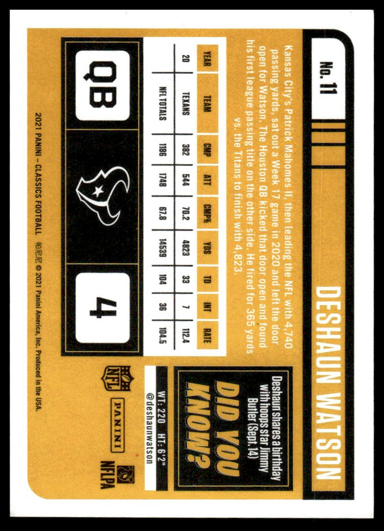 2021 Panini Classics #11 Deshaun Watson Timeless Tributes Purple