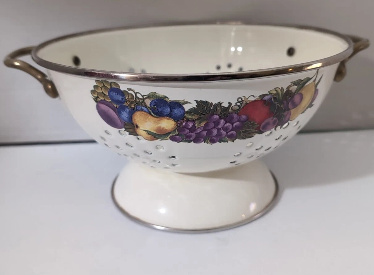 Vintage Cornucopia White With Fruit Design Enamel on Steel Kitchen Colander 80s