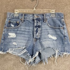 Aeropostale Boyfriend Shorts Women 6 Blue Distressed Denim Button Fly Frayed Hem