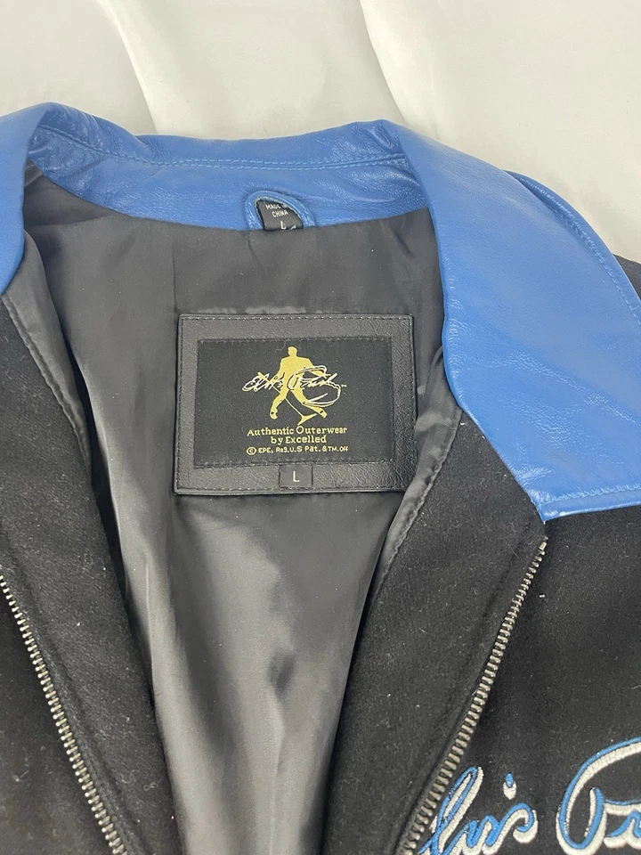 ELVIS Presley Varsity Bomber Jacket Blue Leather & Black Wool Embroidered Large - Image 4 of 4