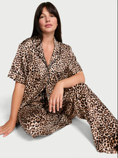 Victoria's Secret Signature Satin Short-Sleeve Long Pajama Set Vintage Tan Leopa