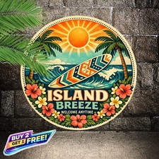 Hawaiian Aloha Palm Tree Sunset Beach Metal Wall Sign 8x8 Round