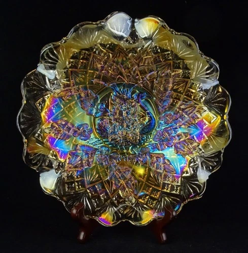 MIllersburg Carnival Glass Pastel Marigold Nesting Swan Ruffled Bowl Radium