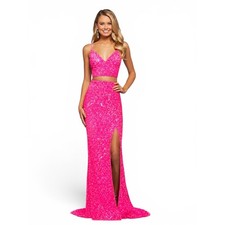 Sherri Hill 53448 Neon Pink Sequin Two Piece Gown High Slit Dress Sz 4 NWT
