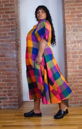 Neu mit Etikett Rujuta Sheth October Flare Baumwolle Multi Chex Regenbogen kariertes Kleid XXL - Bild 11 von 12