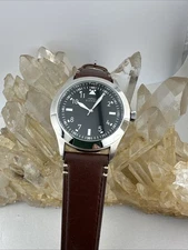 Elevon Hanson Watch Men Silver Tone Round Black Dial Brown Band 41mm