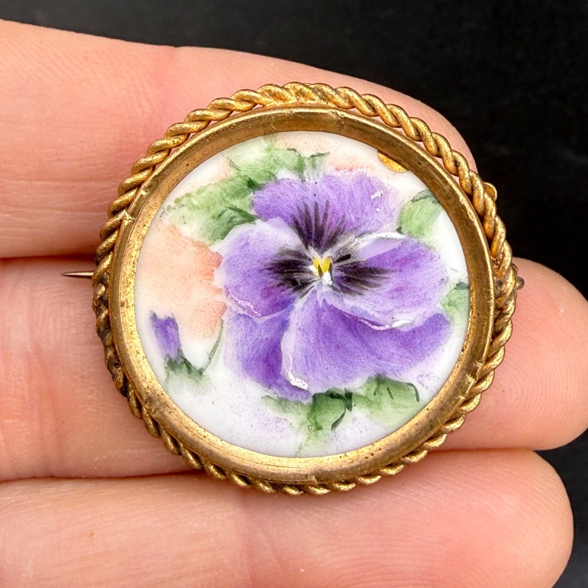 Vintage Hand Painted Porcelain Brooch Violet Pansy Purple Flower Gold Tone