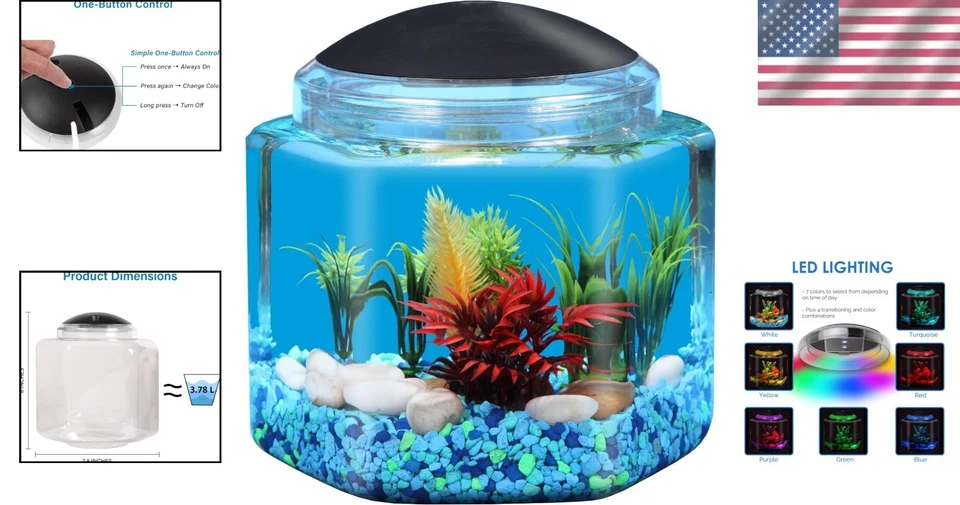 Pecera de diseño de 1 galón con iluminación LED vibrante y características fáciles de usar Foto 2 de 4