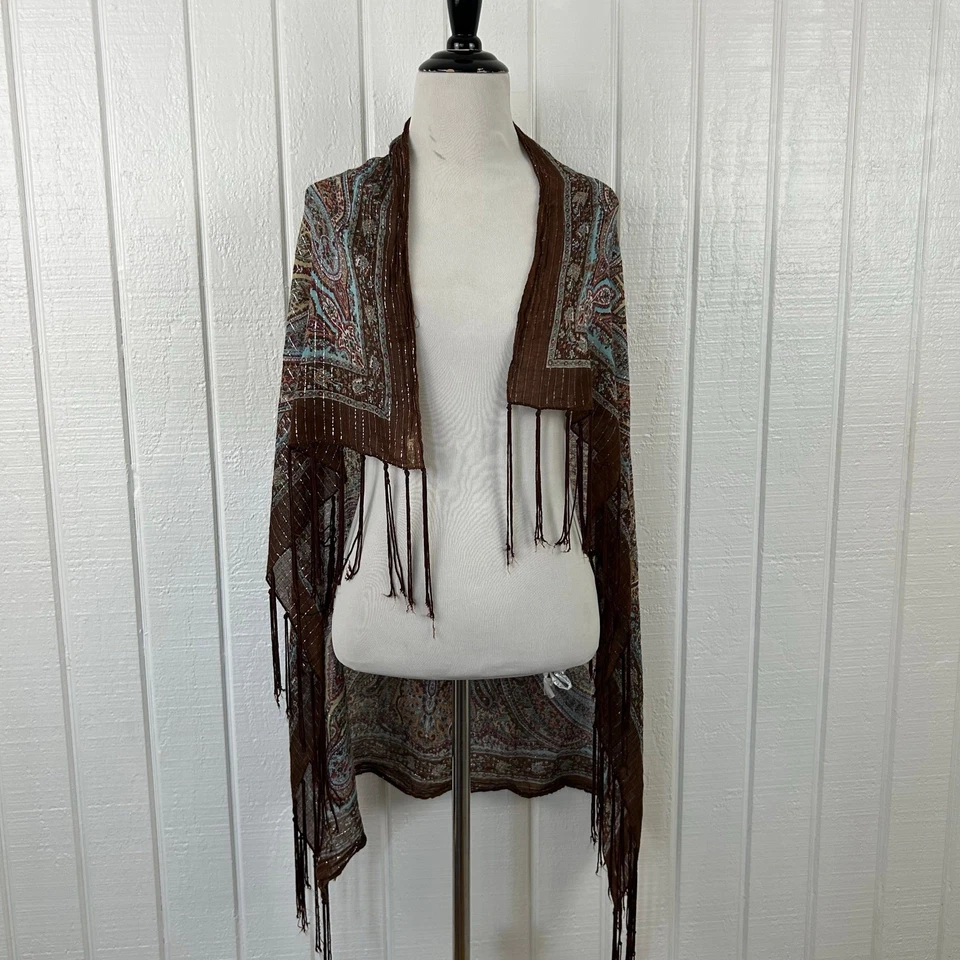 Mujer Paisley Terroso Metálico Flecos Bufanda Chal Cuadrado Hada Boho Hippie Marrón Foto 4 de 4