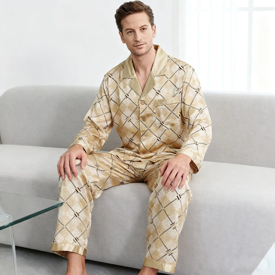 Conjunto de pijama de seda 100 % morera estampado para hombre ropa de dormir de seda S champán
