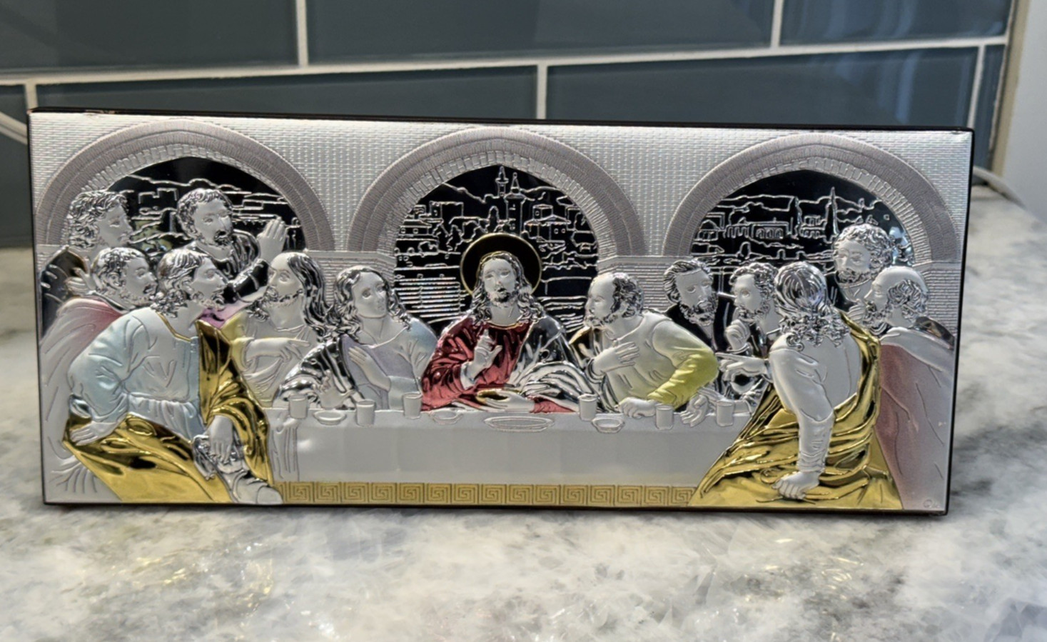 Vintage Holy Land Last Supper Plaque Silver Tone Wall Art Jerusalem Souvenir