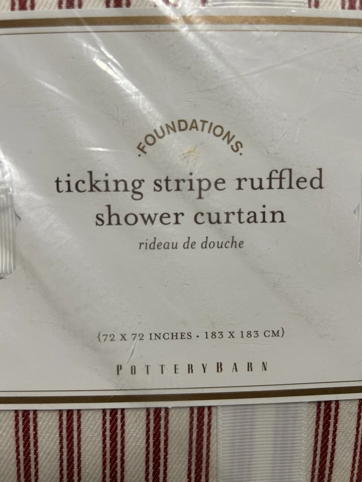Pottery Barn Red And White Ticking Stripe Ruffled Shower Curtain - 72x72 Inches - Image 3 of 4