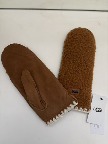 NEW UGG WOMEN FLUFF SCALLOPED MITTEN GENUINE LEATHER , FAUX FUR SZ.S/M CHESTNUT