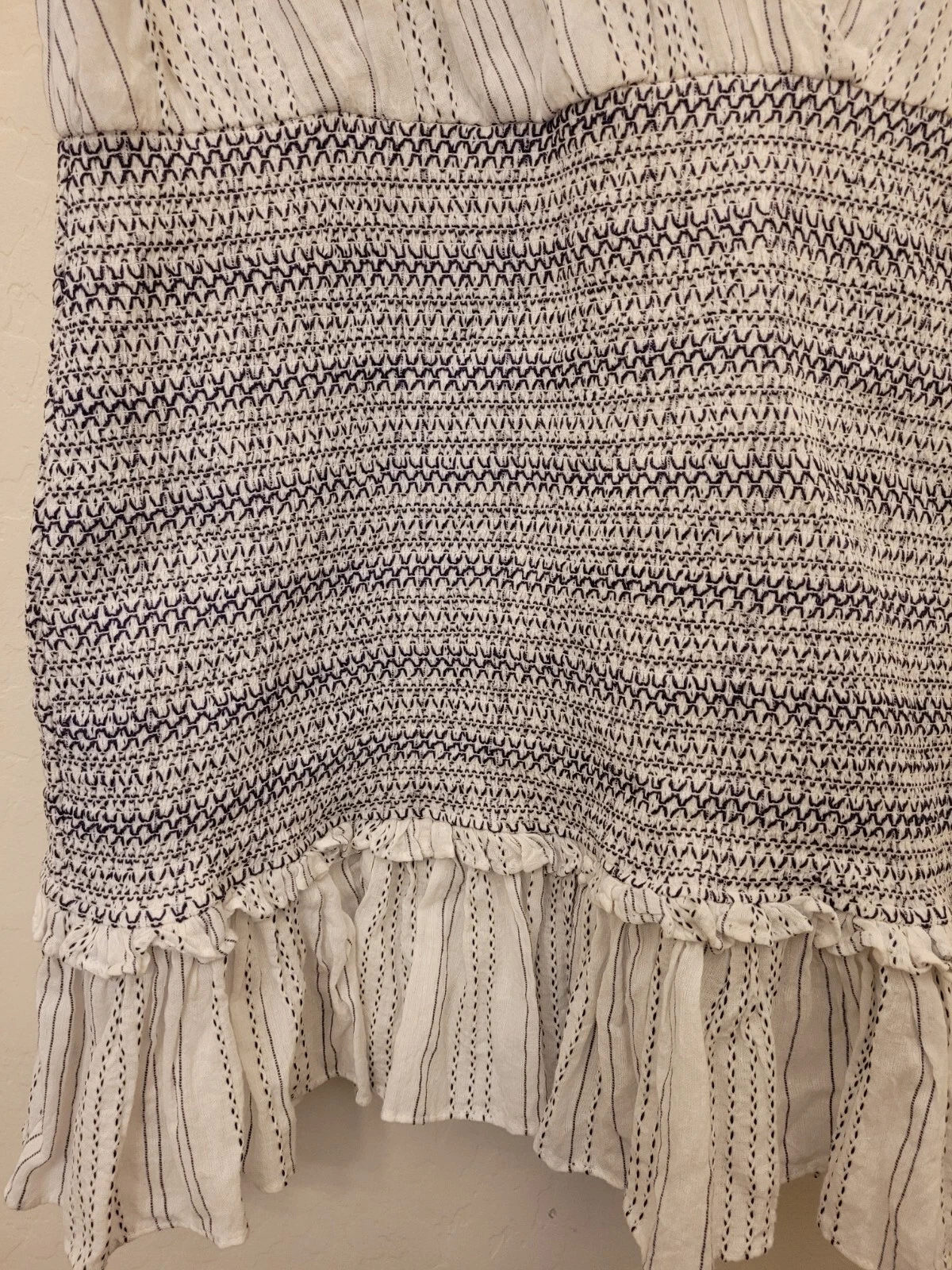 OFF WHITE Mini abito senza maniche Veronica Beard Cox smocked bianco blu taglia large nuovo con etichette