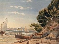 Very Nice Drawing 1848 Country Basque? Painting Gouache Paper Peach Boat Ocean