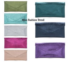 Ladies Metallic Leather Envelope Chain Clutch Party Prom Evening Shoulder Bag