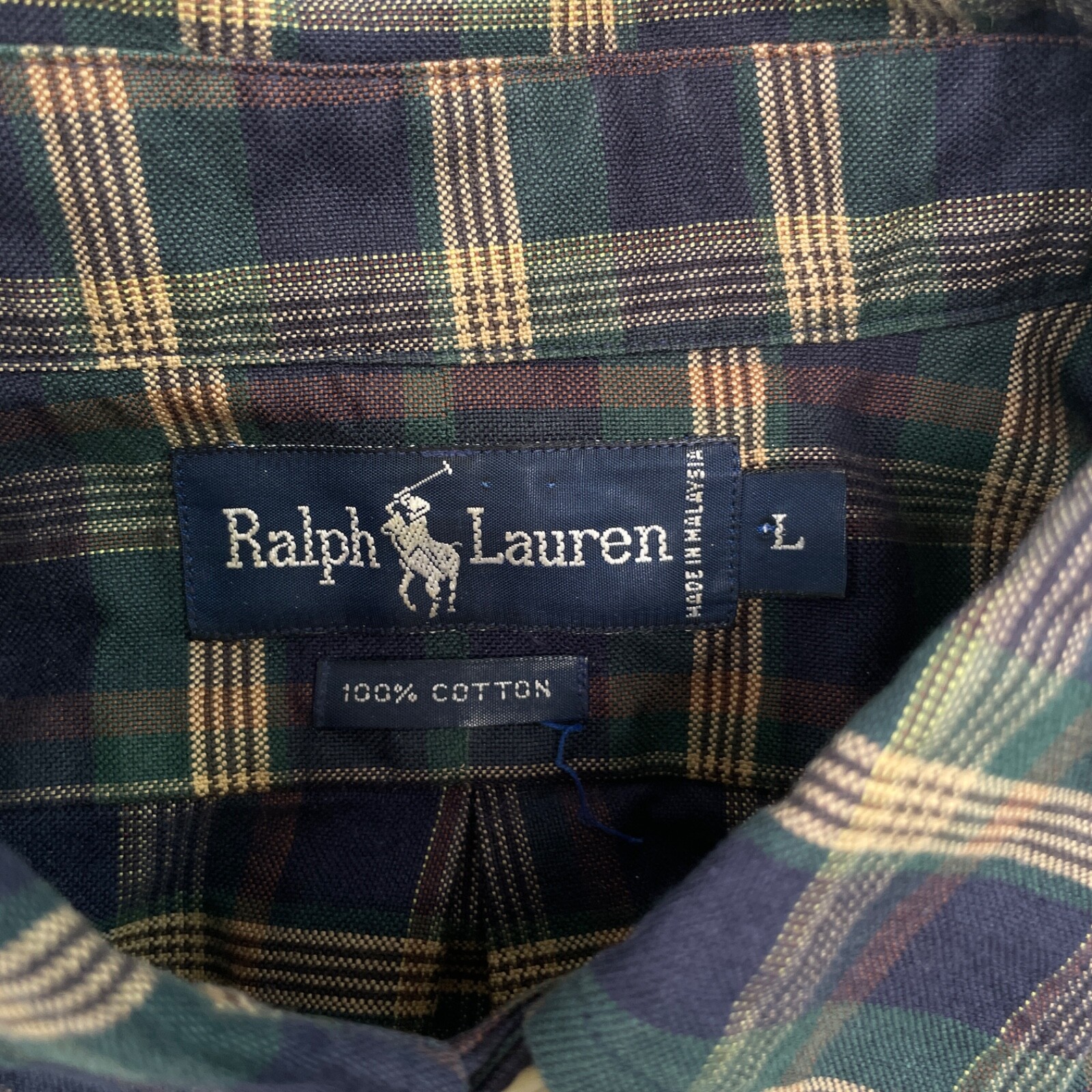Ralph Lauren Camicia Uomo L Blu Verde Marrone Plaid Pony Manica Lunga Preppy Bottone