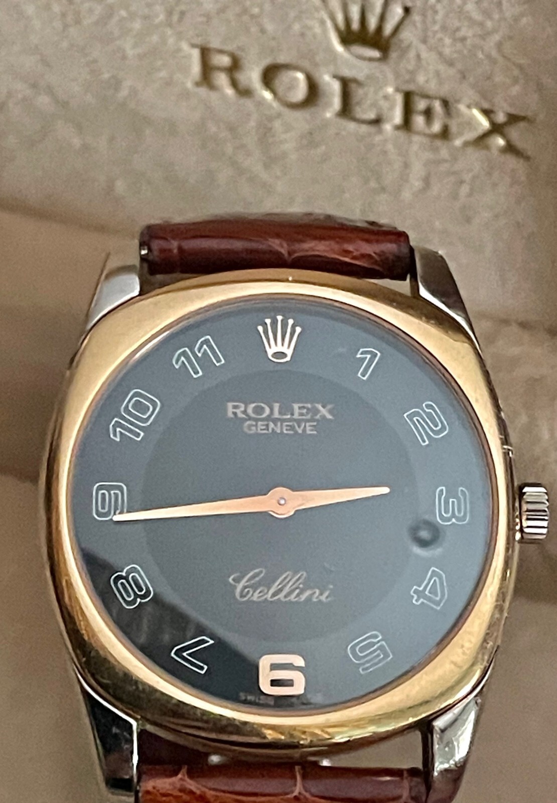 Rolex Cellini 18k gold Danaos 4233 watch with black dial, brown