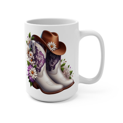 Western Floral Cowboy Cowgirl Hat & Boots Coffee Mug, 15 oz Ceramic - Rustic Cou