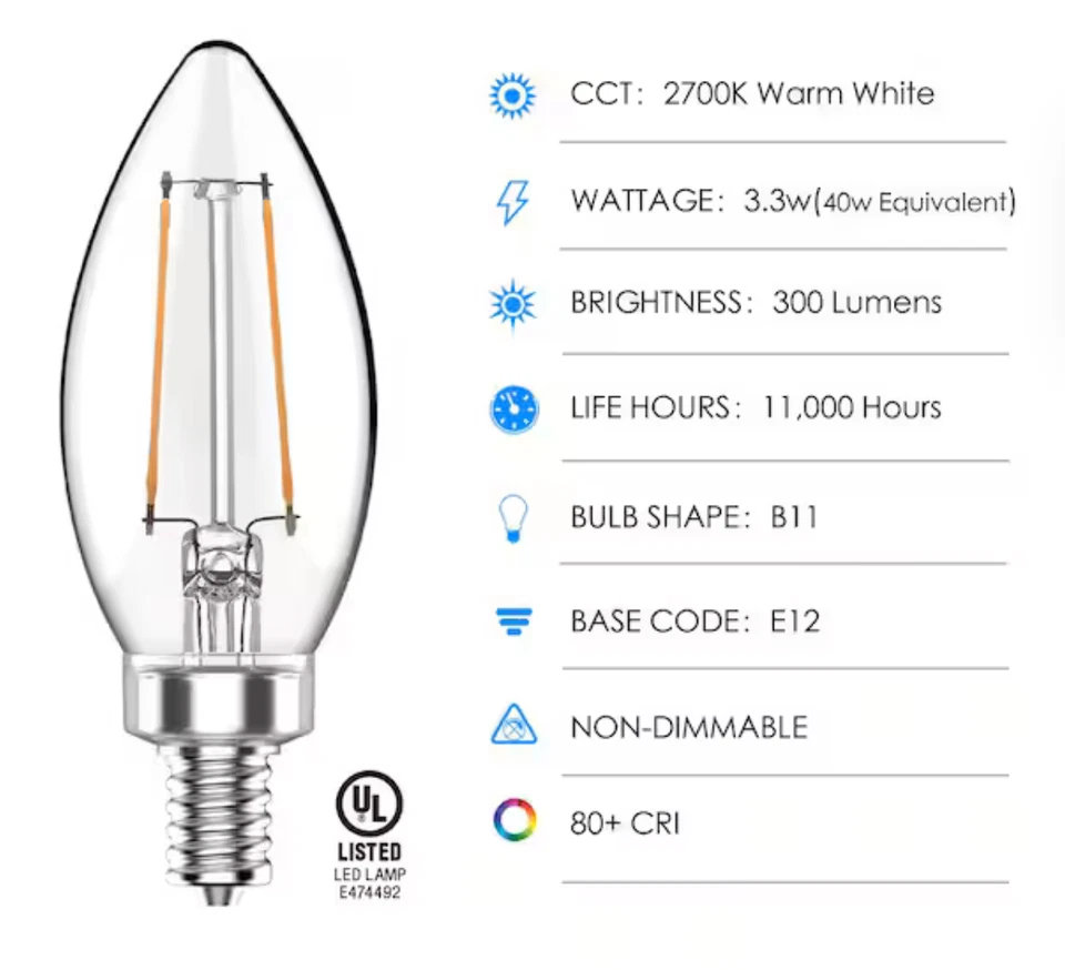 16pk EcoSmart 40W LED B11 Candelabra Base Bulb Soft White Non-Dimmable 10 Years - Image 3 of 4