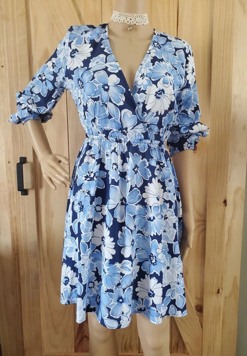 Old Navy Long Sleeve Blue Floral Dress Elastic Waist Surplice Neck Line Size XXS
