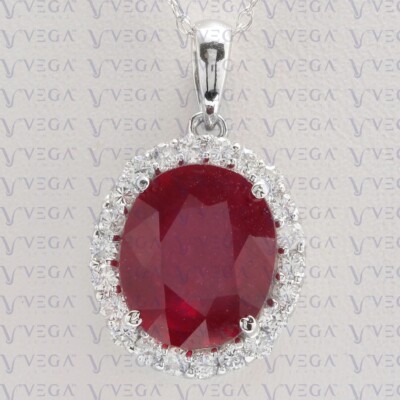 6.50ct Oval Cut Natural Ruby & Diamond Pendant 18k White Gold Plated No Chain