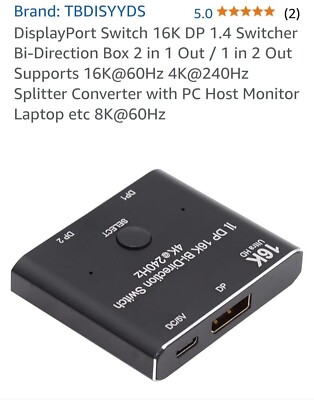 DP Bi-Direction 2x1 Splitter DisplayPort 2.0 Switcher Box Selector Hub Suppor...