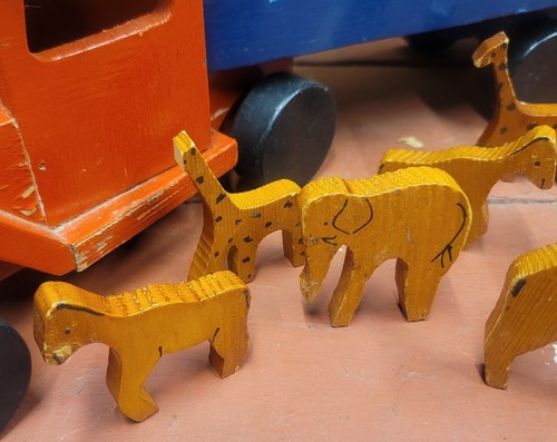 Camión de circo de animales de madera grande de 20" de colección de los años 70 con remolque y 7 animales - raro - Imagen 3 de 16