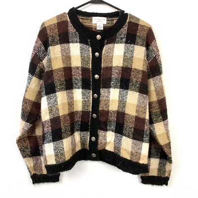 Christopher & Banks Plaid Brown Wool Blend Sweater Academia Cardigan Size Large