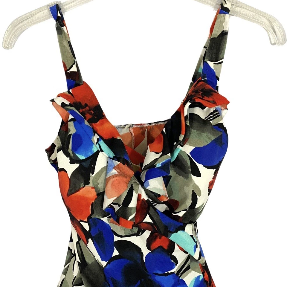 INC | Traje de baño rojo blanco azul colorido floral Fuax envolvente cuello con volantes de una pieza 6 Foto 2 de 4