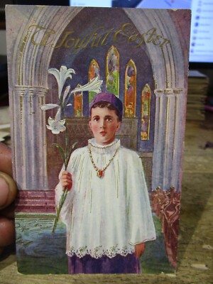 Old Postcard Victorian Era HAPPY EASTER Catholic Church Altar Boy Mass Server