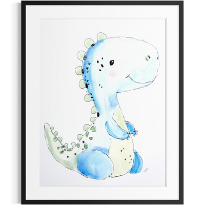 Original Blue Dinosaur 9x12 Watercolor Painting Nursery Wall Art Animals