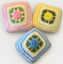 3 Vintage Crochet Throw Pillow 3D Flower Handmade CottageCore Granny MCM Pillows
