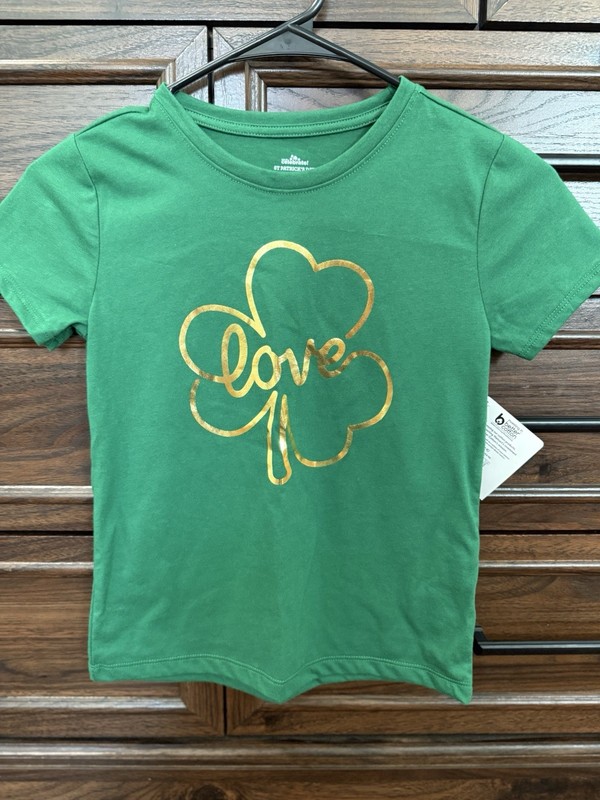 Girls St Patrick’s Day Shirt, Medium 7-8 Short Sleeve Green With Gold “Love” New
