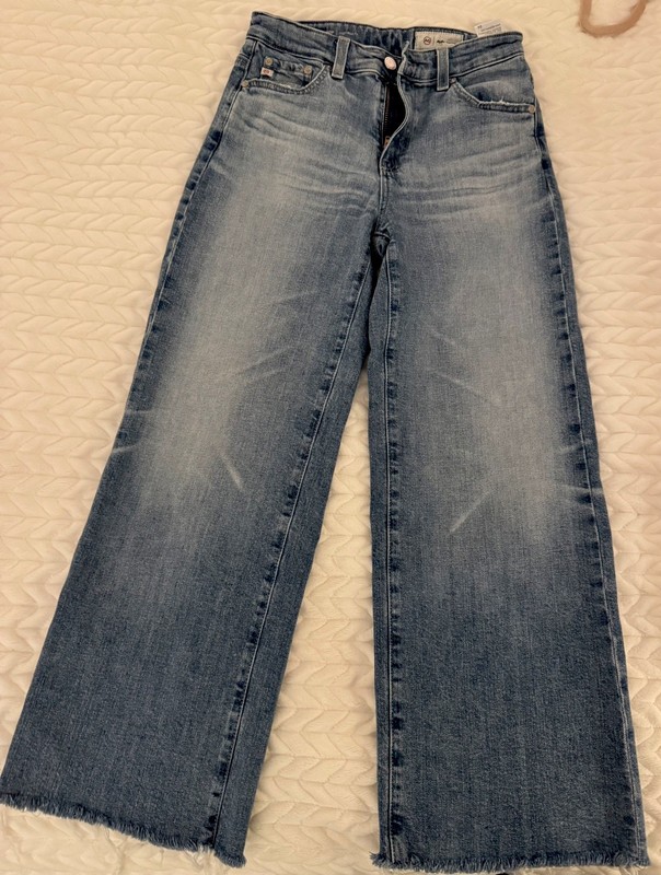 AG Saige Wide Leg Crop Jeans Womens 24 Blue High Rise Frayed Hem Light Wash