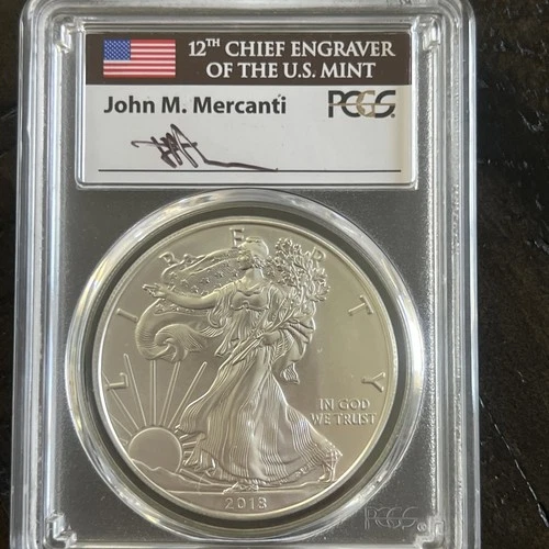 2018 W BURNISHED SILVER EAGLE PCGS SP70 FLAG FDOI Mercanti