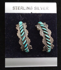 Vintage Zuni Earrings, Hoop Needlepoint Pierced 28 turquoise stones!