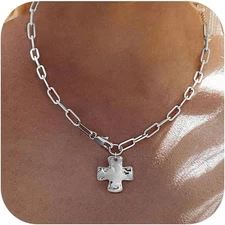Chunky Cross Necklace for Women Trendy 14K Silver Layered Statement Cross P