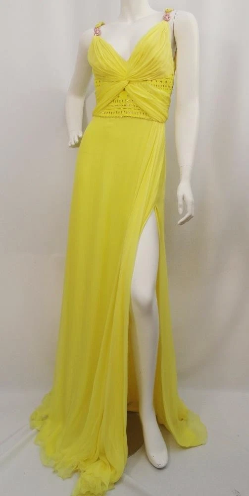 Abito maxi VERSACE Medusa logo giallo seta UK8 IT40 nuovo